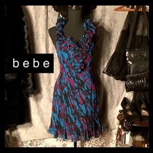 BEBE Sexy 100% Silk Ruffled Halter, Bodice & Hem Party Dress Lined